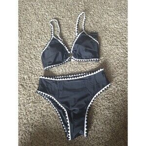 NWT Blooming Jelly Bikini S Black Scalloped Trim O-Ring High Waisted 2 Piece Set